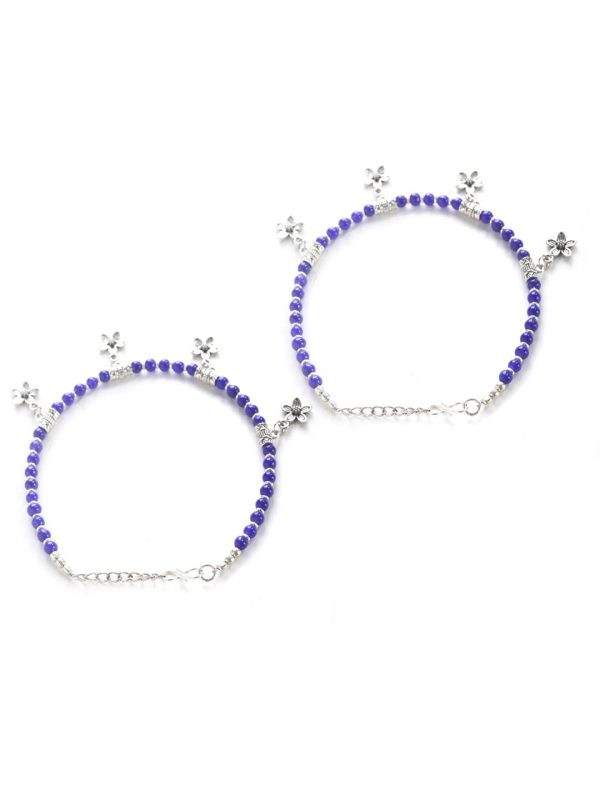 Priyaasi Women Blue Stones Studded German Silver Plated Oxidized Anklets on Sale