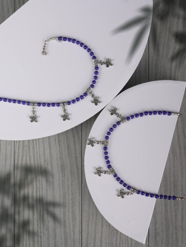 Priyaasi Women Blue Stones Studded German Silver Plated Oxidized Anklets on Sale