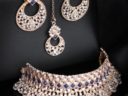 Priyaasi Women Blue Kundan Stones Rose Gold Plated Choker Set with MaangTikka Online