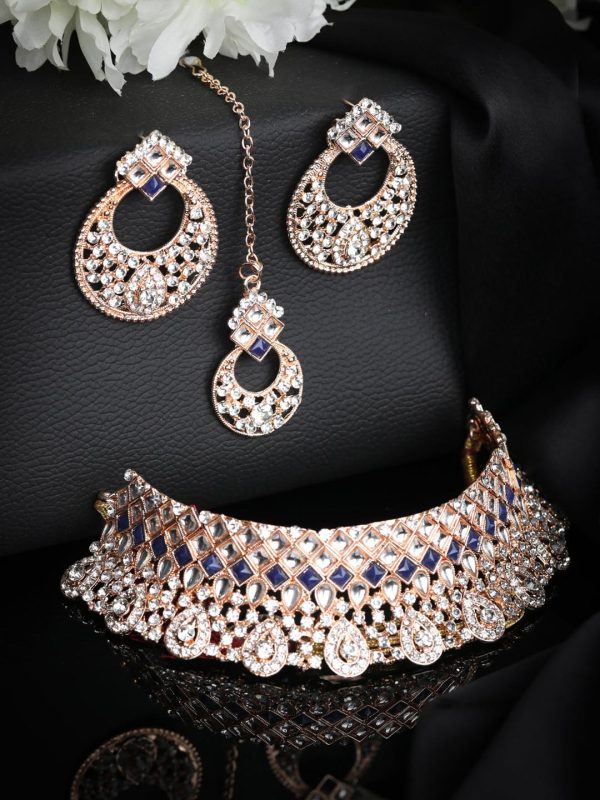 Priyaasi Women Blue Kundan Stones Rose Gold Plated Choker Set with MaangTikka Online