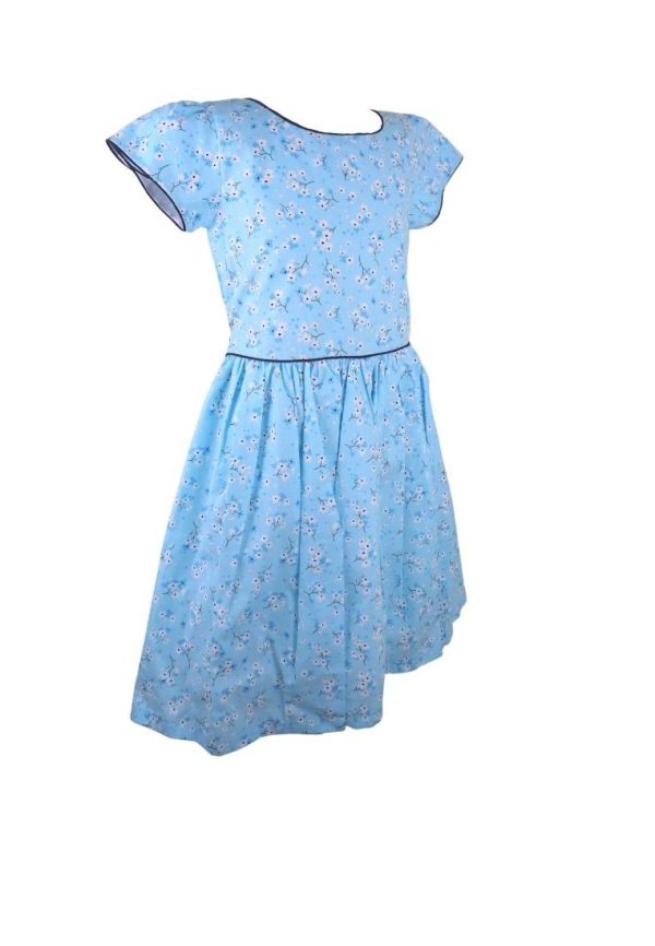 Dress Cabbage Short Sleeves Round Neck Floral Printed With Piping Shirring And Lining - Blue Fashion