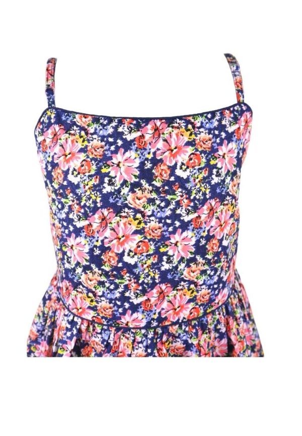 Dress Adjustable Strap Sipit Piping Shirring And Lining Floral Printed - Navy Blue Pink Online Sale