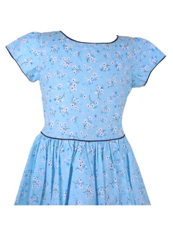 Dress Cabbage Short Sleeves Round Neck Floral Printed With Piping Shirring And Lining - Blue Fashion