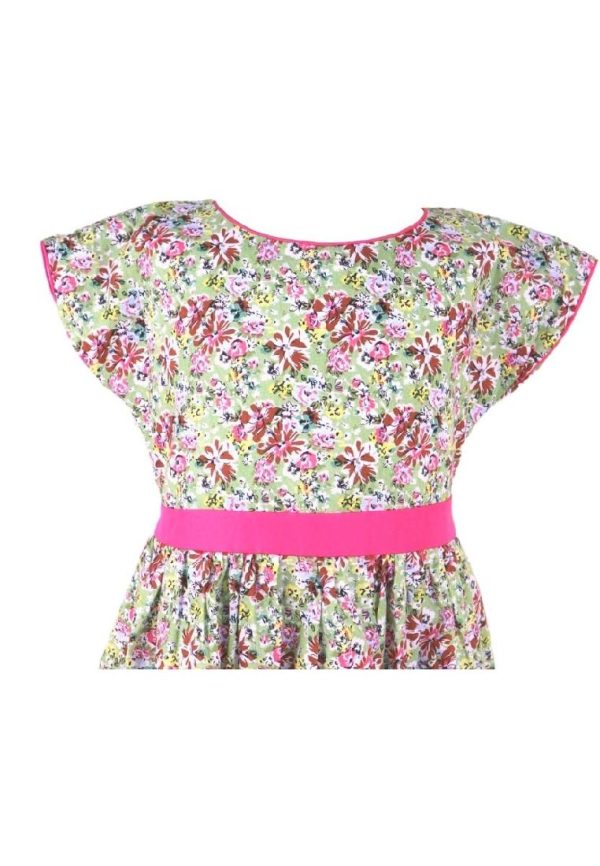 Dress Continuous Short Sleeves With Band Shiring And Lining Floral Printed - Green Pink Fashion