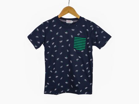 JKC Short Sleeves T-shirt with Boat Full Print and Stripes Chest Pocket - Navy Blue Sale