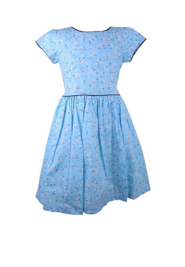 Dress Cabbage Short Sleeves Round Neck Floral Printed With Piping Shirring And Lining - Blue Fashion