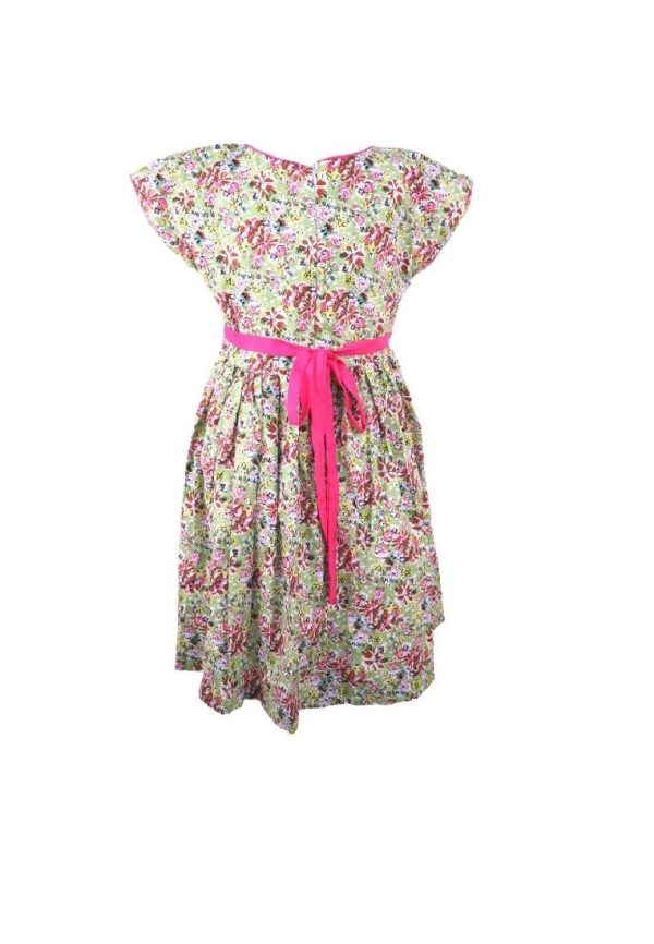 Dress Continuous Short Sleeves With Band Shiring And Lining Floral Printed - Green Pink Fashion