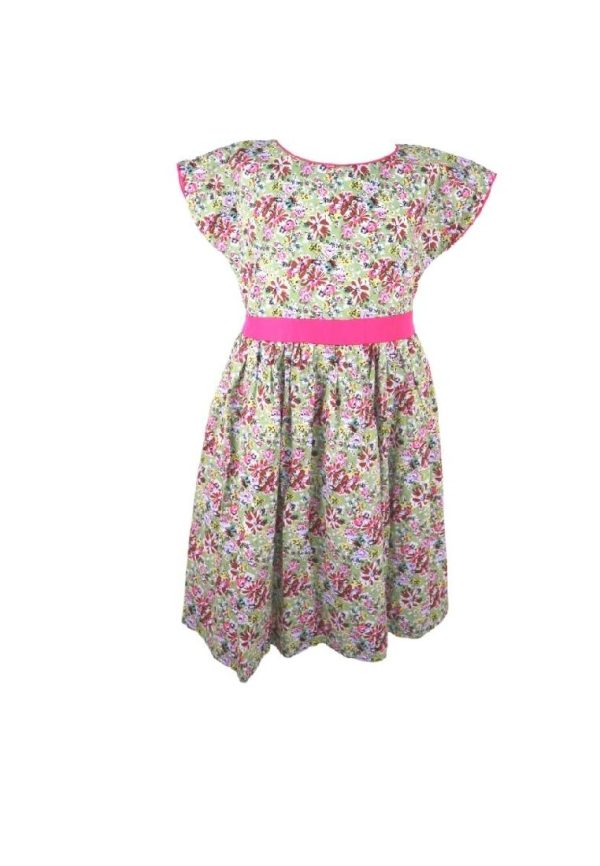 Dress Continuous Short Sleeves With Band Shiring And Lining Floral Printed - Green Pink Fashion