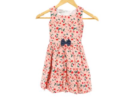 JKC Square Neck Sleeveless Dress with Floral Print and Ribbon - Peach For Discount