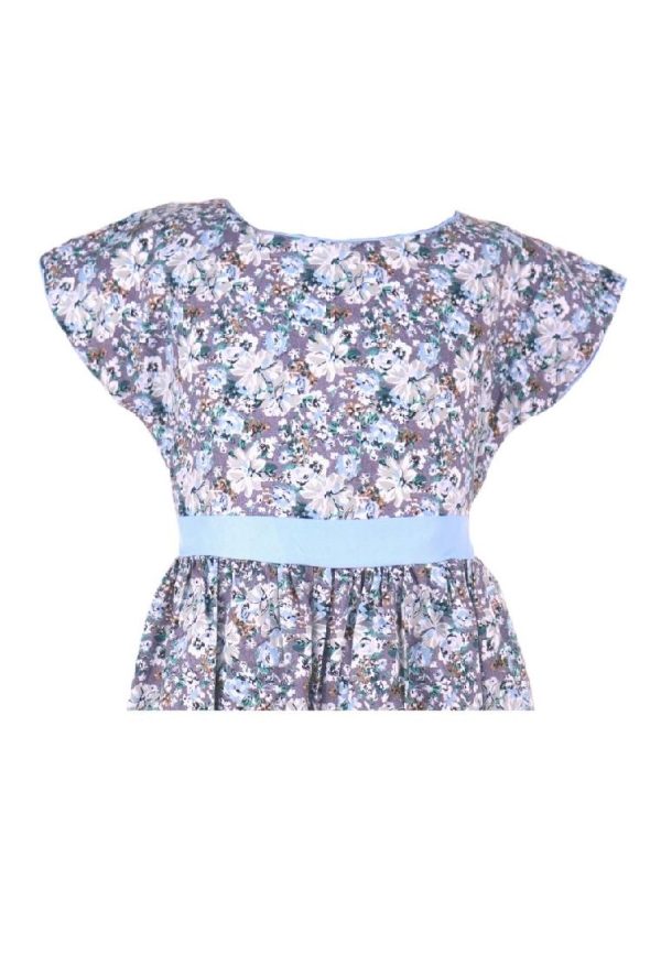 Dress Continuous Short Sleeves With Band Shiring And Lining Floral Printed - White Blue Sale