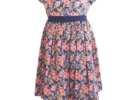 Dress Continuous Short Sleeves With Band Shiring And Lining Floral Printed - Navy Blue Pink Discount