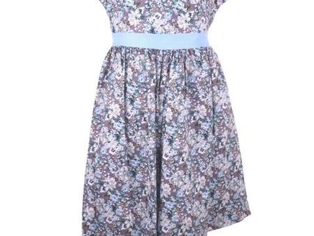 Dress Continuous Short Sleeves With Band Shiring And Lining Floral Printed - White Blue Sale