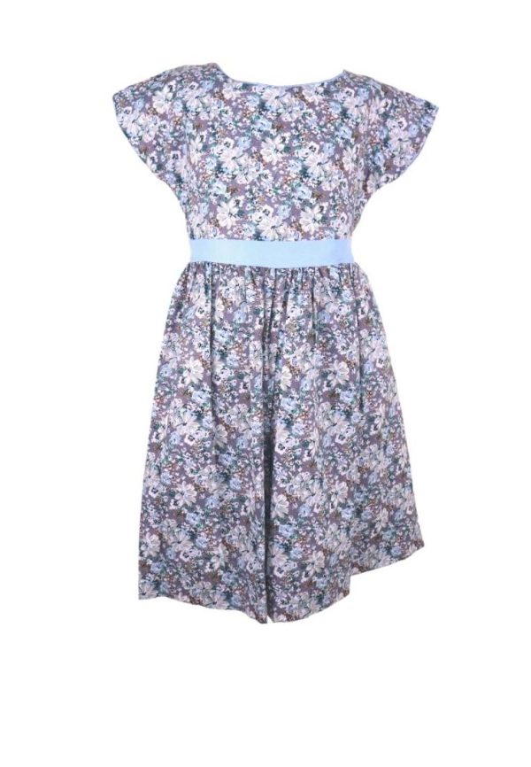 Dress Continuous Short Sleeves With Band Shiring And Lining Floral Printed - White Blue Sale