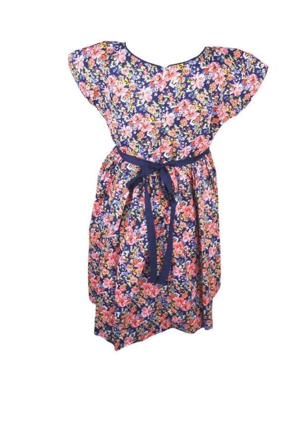 Dress Continuous Short Sleeves With Band Shiring And Lining Floral Printed - Navy Blue Pink Discount